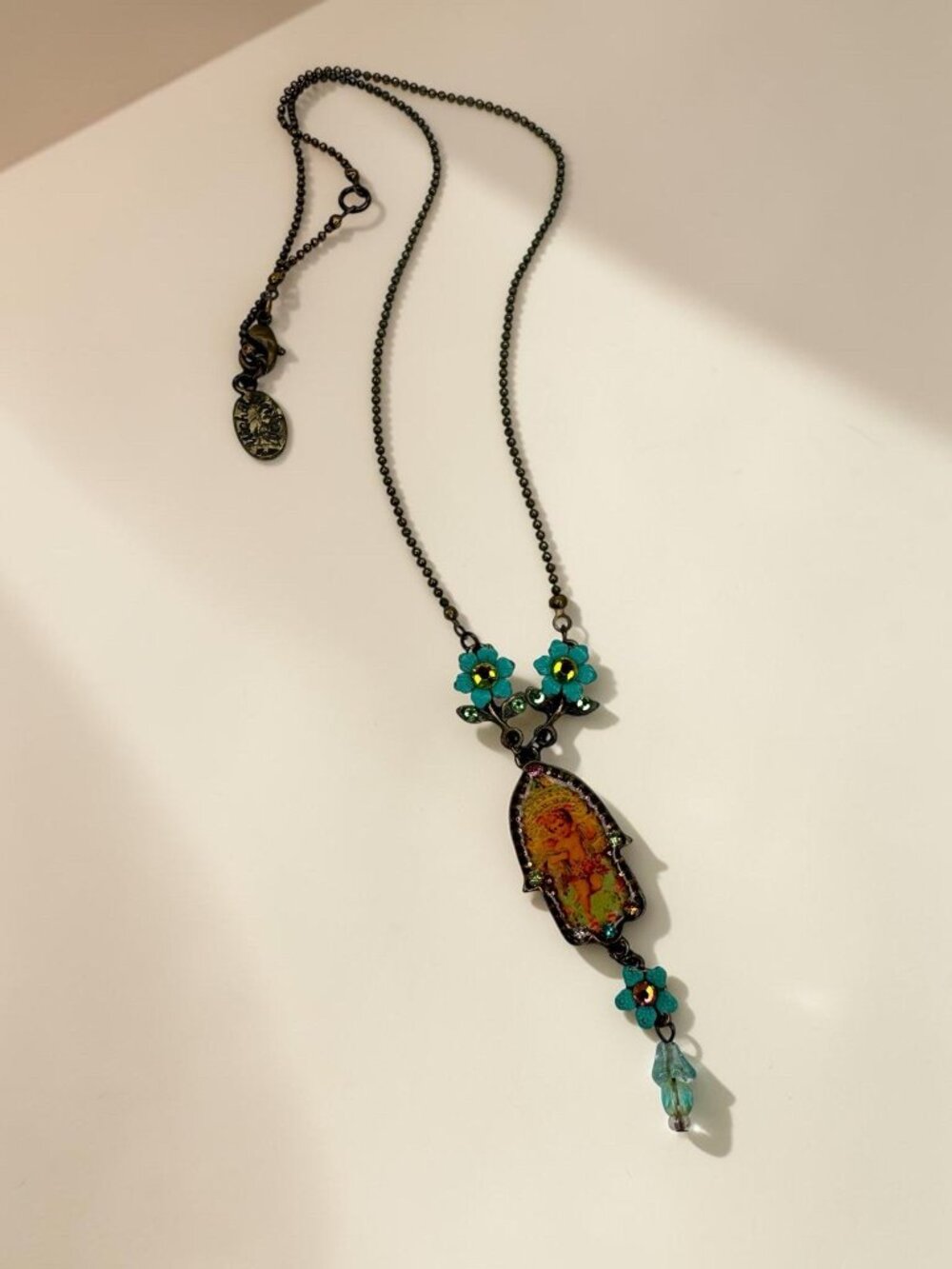 Michal Negrin Necklace Hamsa Angel Blue Floral Crystal Vintage Jewelry Brass